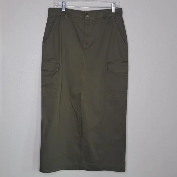 Ann Taylor LOFT Military Green Cargo Skirt Women's Size 10 Open Front - Picture 2 of 16